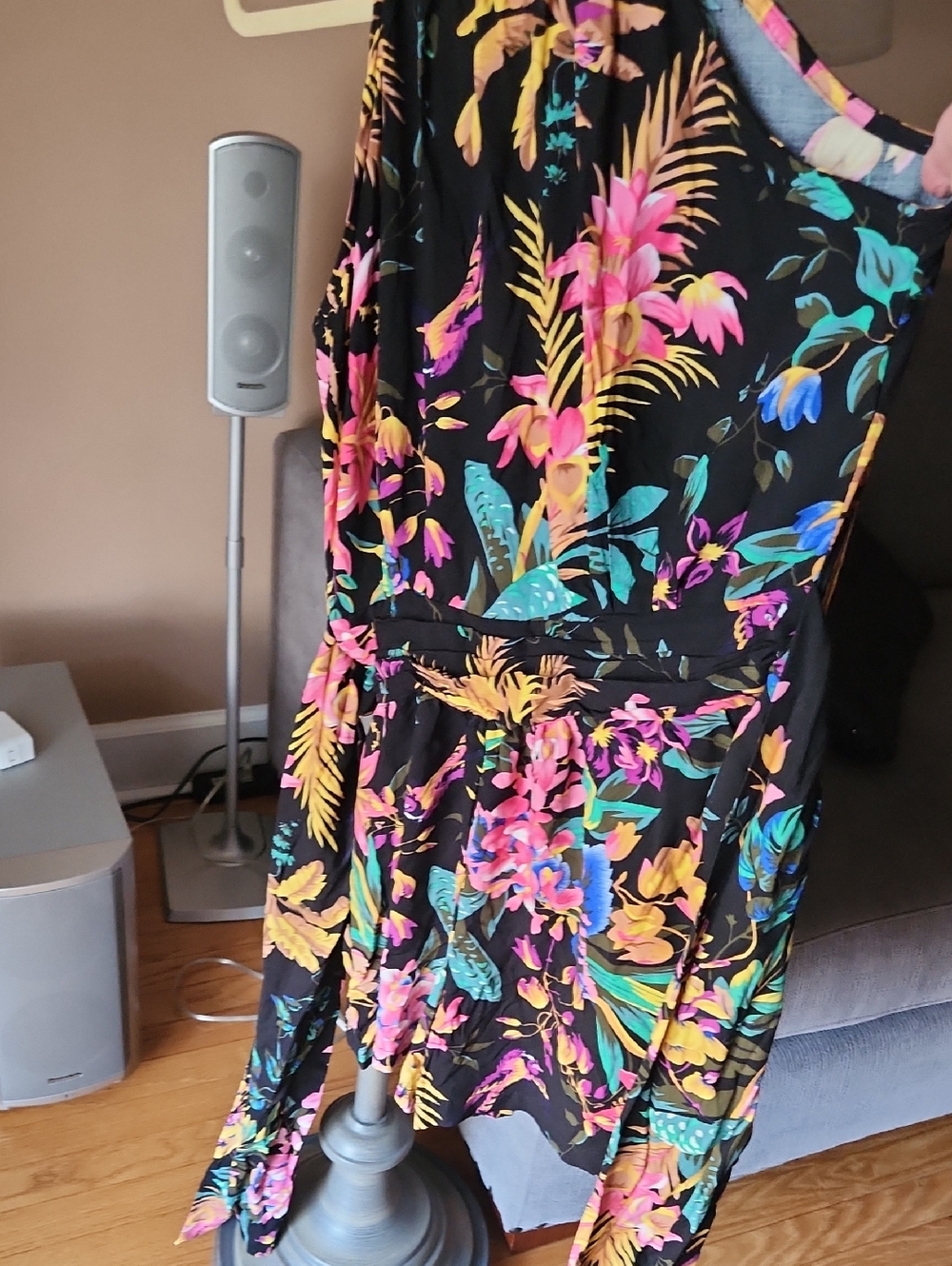 RACHEL Rachel Roy Black Floral Print Romper with Tropical Colors